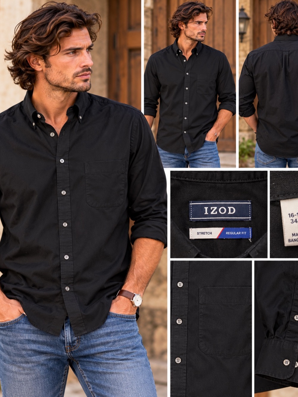 IZOD Men’s Black Stretch Regular Fit Button Down Shirt Large